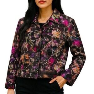 Chico's Colorful Tweed Wool Jacket Artsy Embellished Button Front Blazer 1 M Art